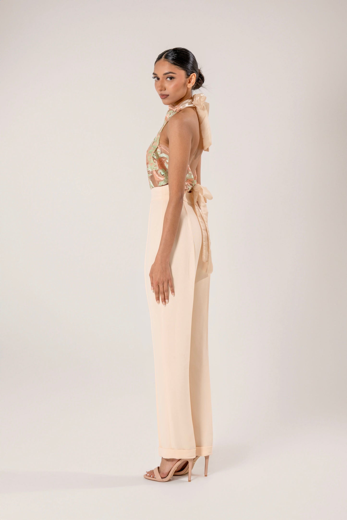 Floral Blouse and Cream Trousers Look