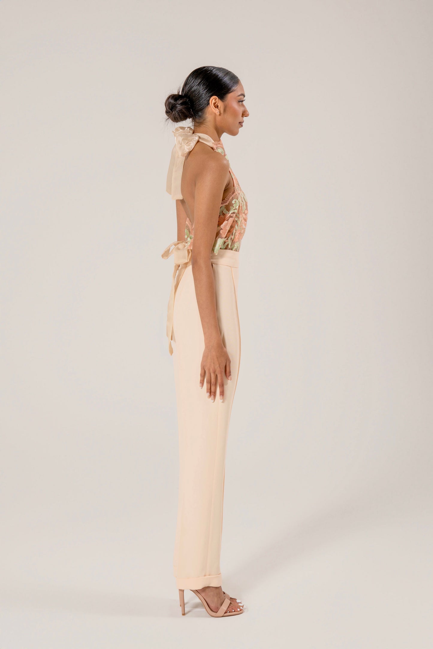Floral Blouse and Cream Trousers Look