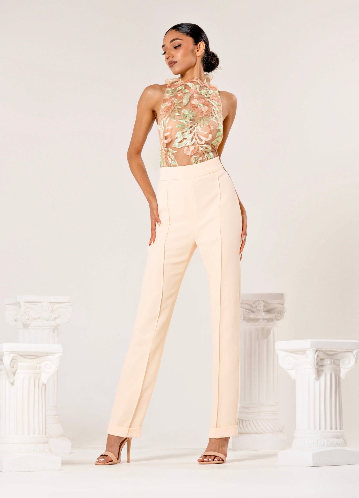 Floral Blouse and Cream Trousers Look