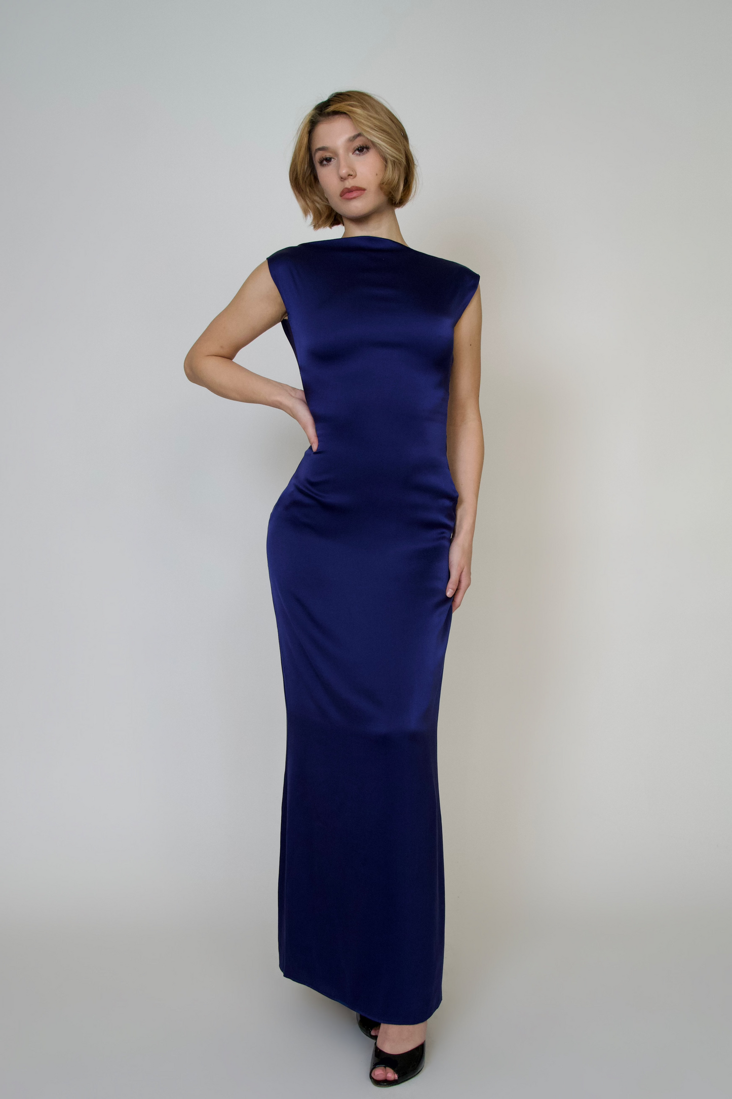 Curved Boatneck Silk Maxi Dress