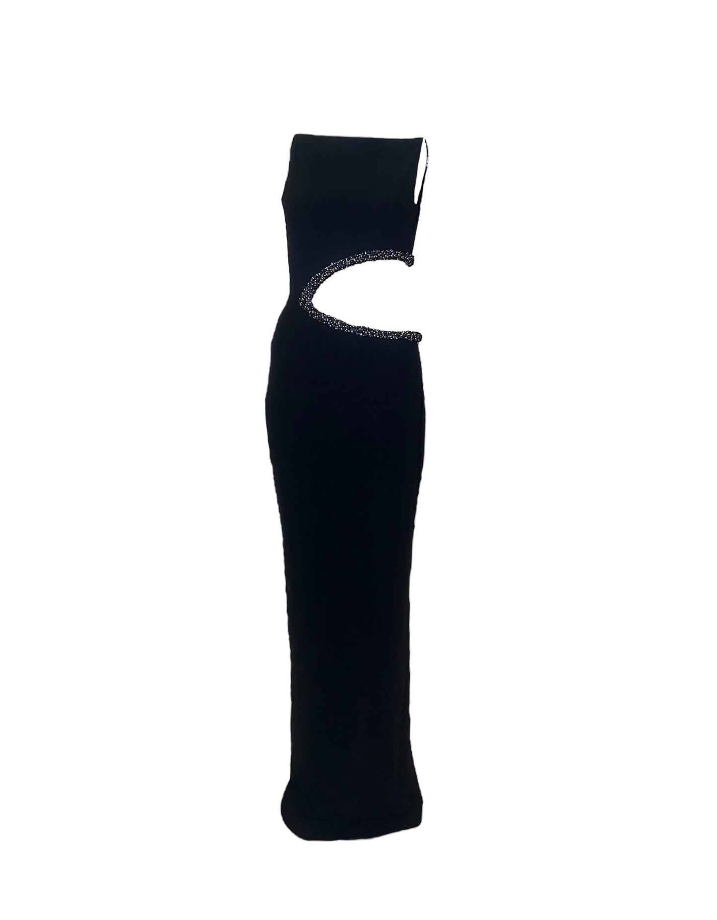 Hand Embroidered Black Onyx & Hematite Cut Out Maxi Dress