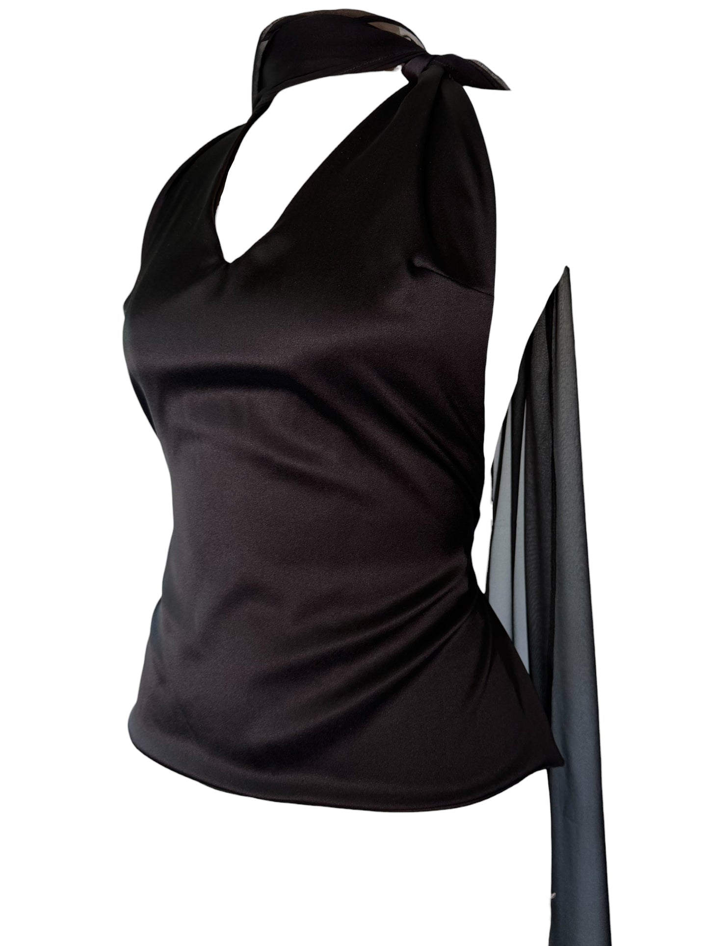 Black Silk Halter Blouse with Chiffon Drape