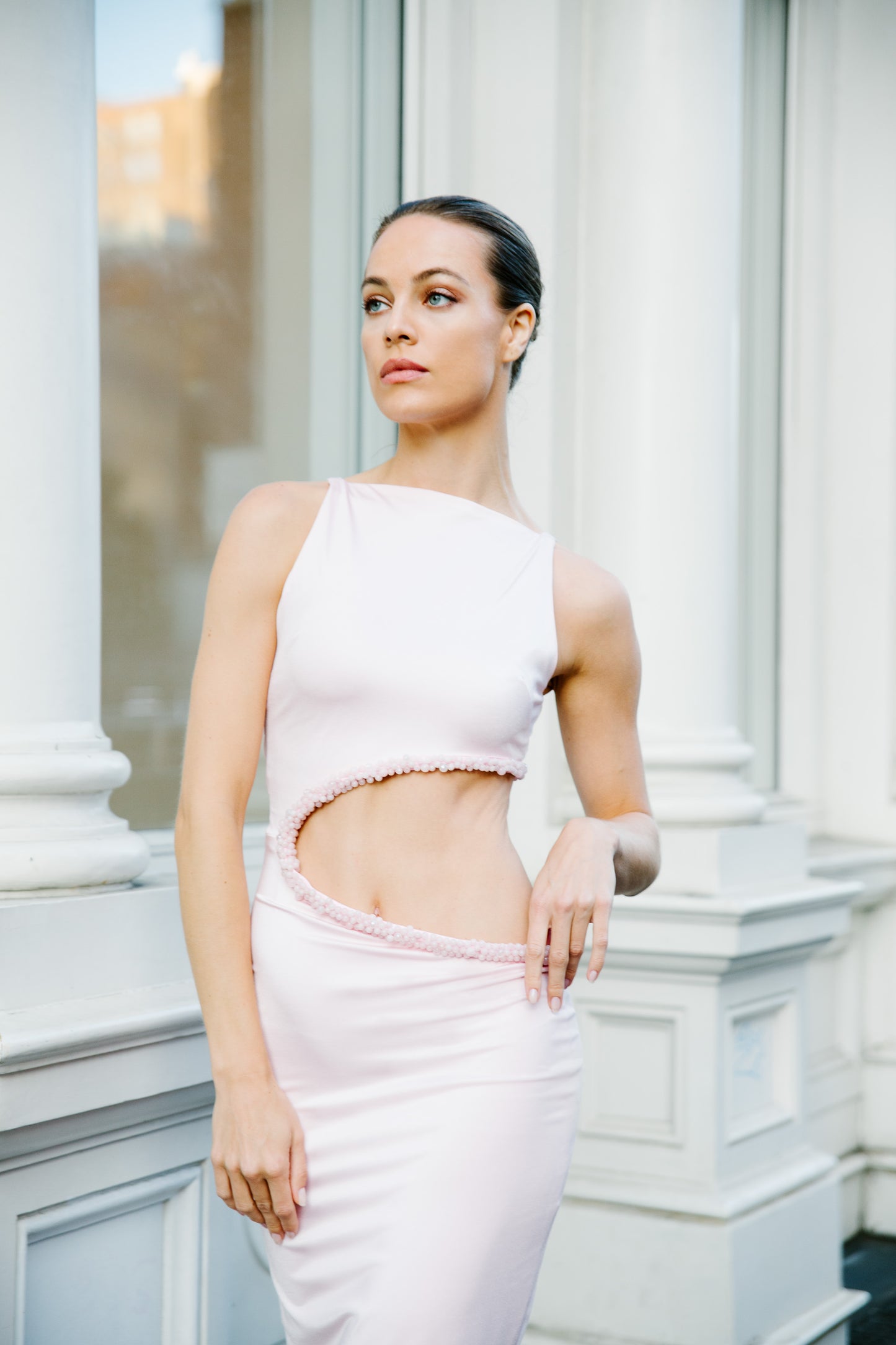 Embroidered Rose Quartz Cut Out Runway Look
