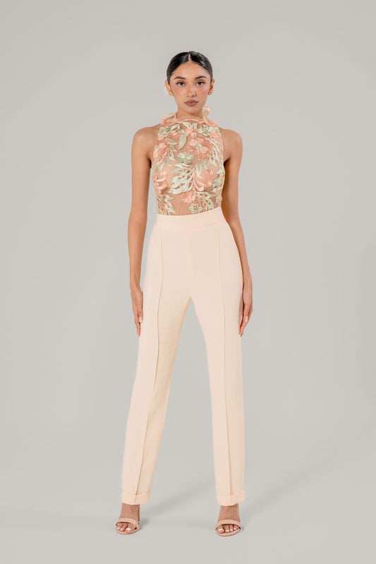 Floral Blouse and Cream Trousers Look