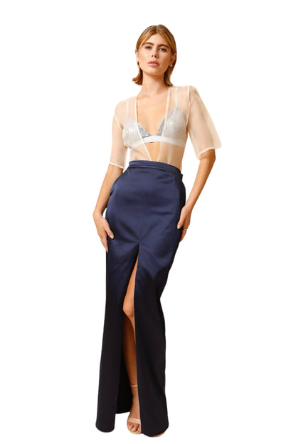 Navy Front Slit Maxi Skirt