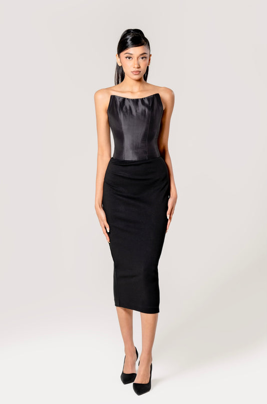 Black Silk Taffeta Corset & Midi Skirt Look