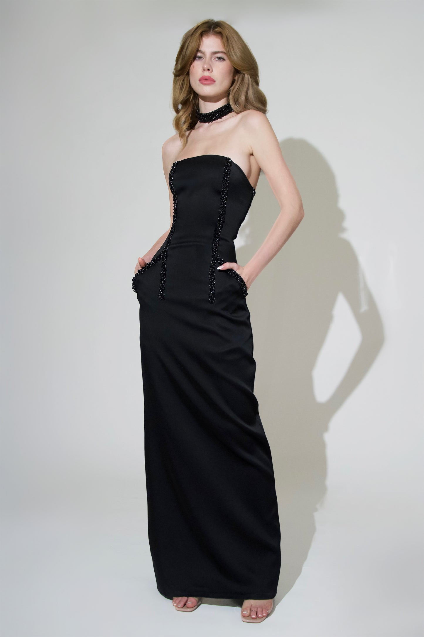 Black Onyx & Hematite Healing Crystal Embroidered Maxi with Pockets