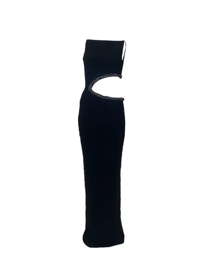 Hand Embroidered Black Onyx & Hematite Cut Out Maxi Dress Jane Gala Hand Embroidered Black Onyx & Hematite Cut Out Maxi Dress Jane Gala