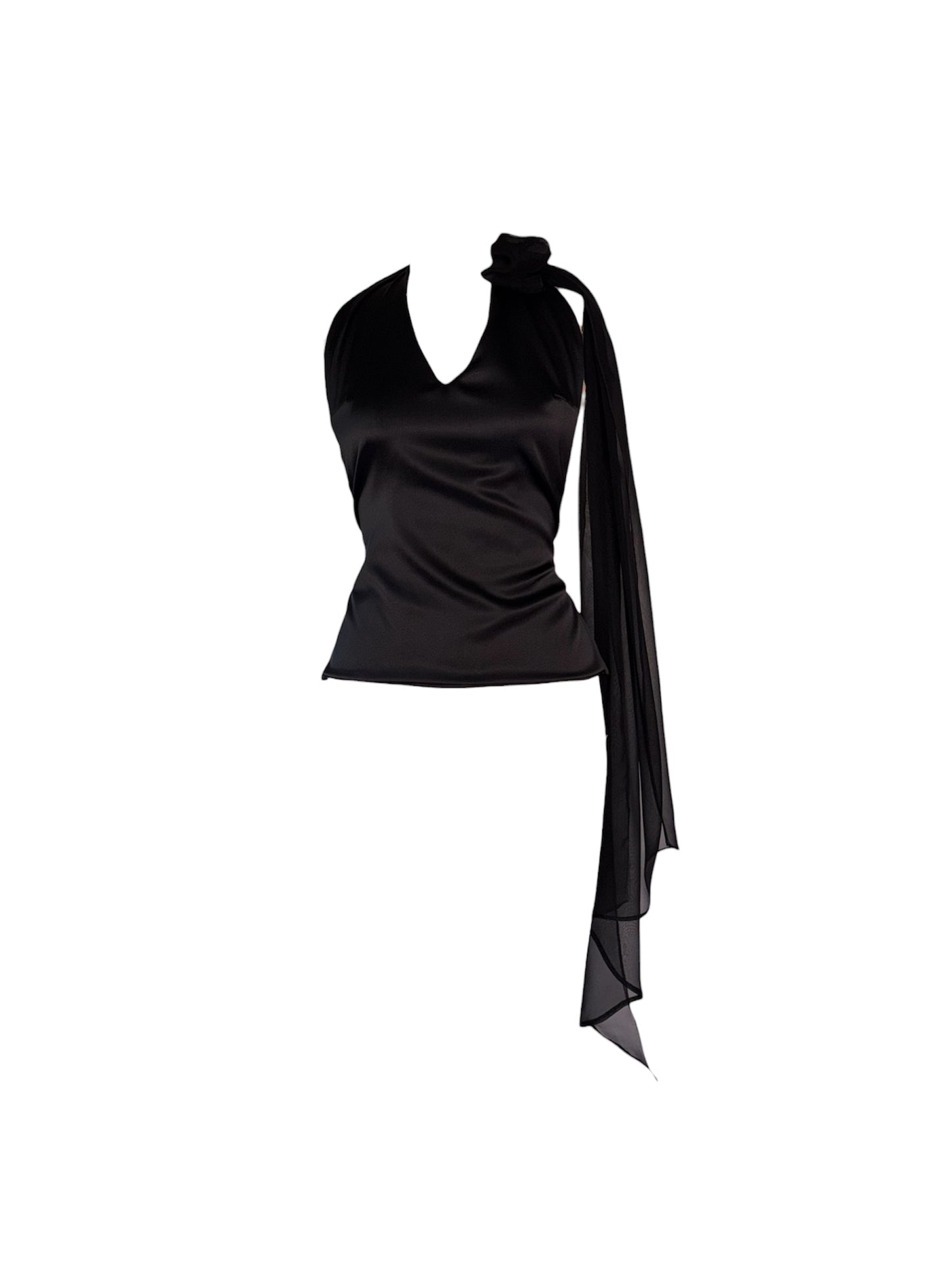 Black Silk Halter Blouse with Chiffon Drape