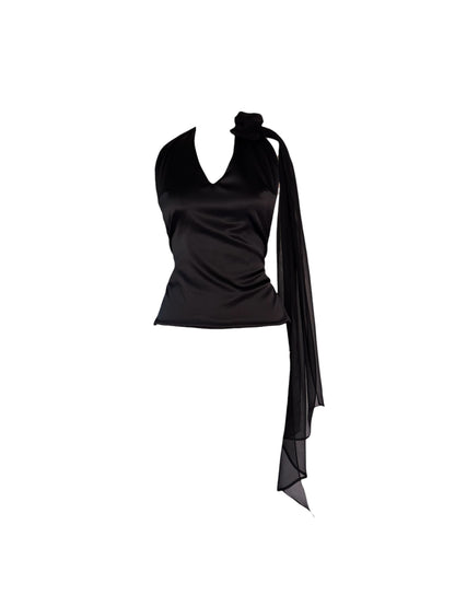 Black Silk Halter Blouse with Chiffon Drape