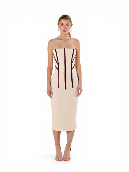 knee length dresses for ladies Corsetry Overlay Midi Dress XS___________Ships in 4-6 Weeks