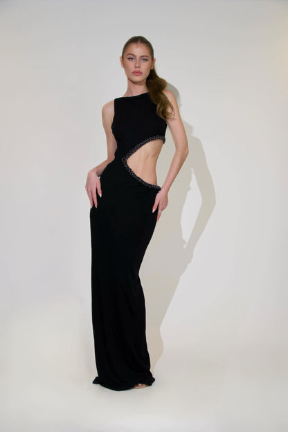 Hand Embroidered Black Onyx & Hematite Cut Out Maxi Dress