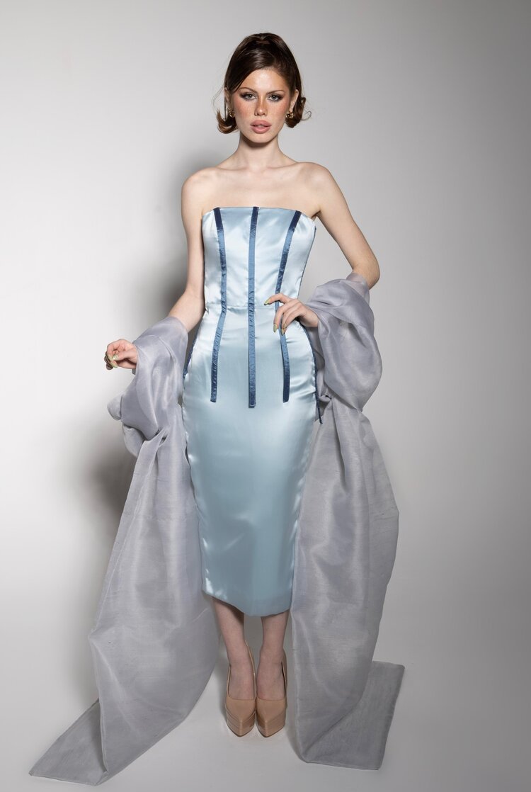 Sky Blue Silk Midi Dress Runway Look