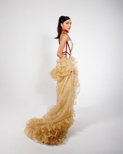 Nude Silk Organza Ruffled Cape SHOW PIECE