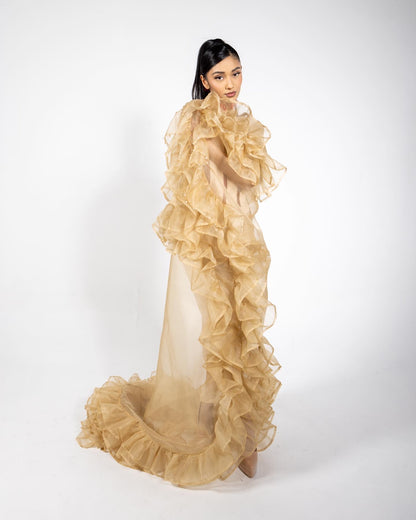 Nude Silk Organza Ruffled Cape SHOW PIECE