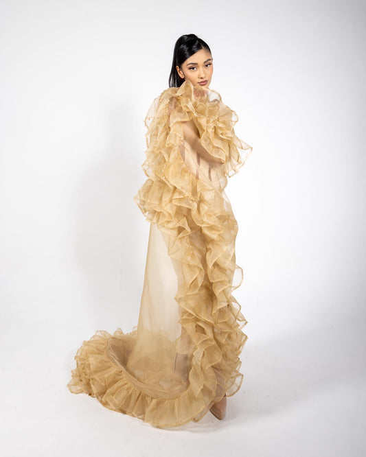 Nude Silk Organza Ruffled Cape SHOW PIECE